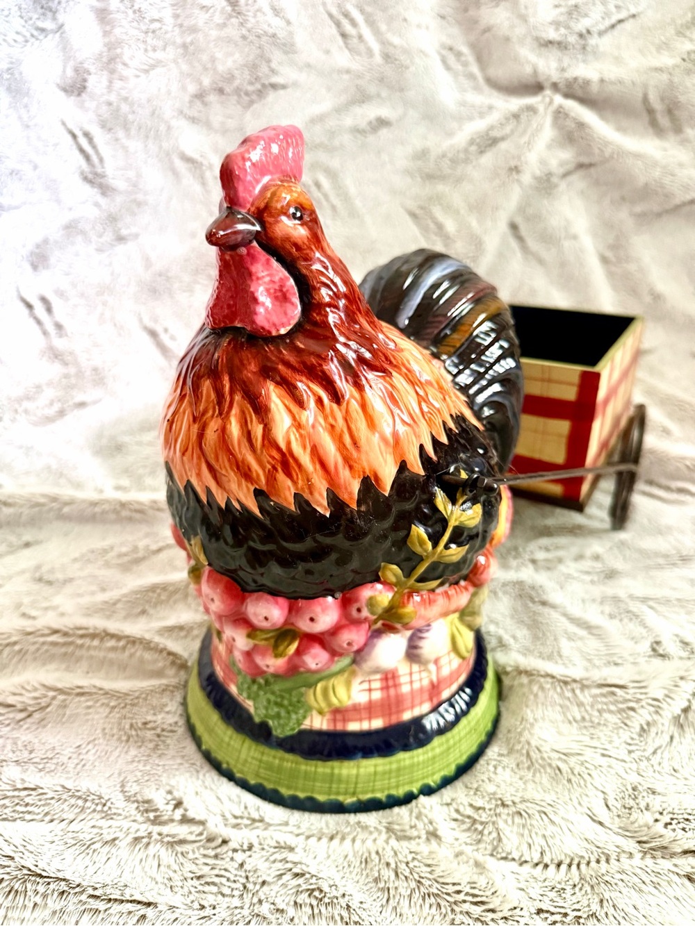 Vintage Tracy Porter Ceramic Rooster with Wood and Metal Wagon